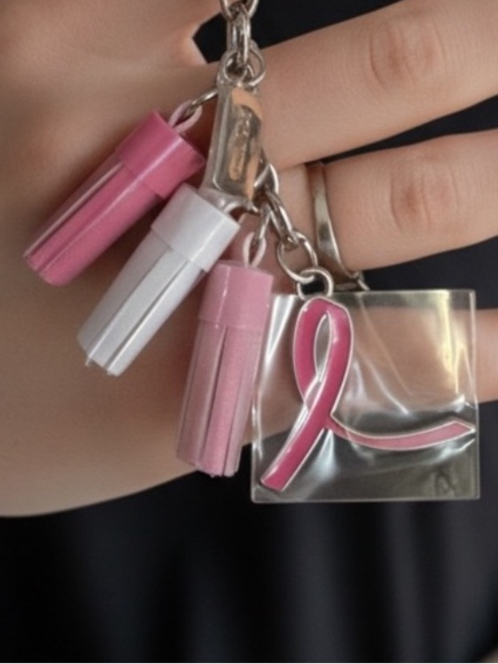 CLINIQUE Silver Keyring with Pink Ribbon Charm and Pink Tassels